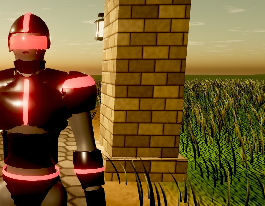 Close-up of the Mean Android: dark armour plates, a glowing red visor and red trim