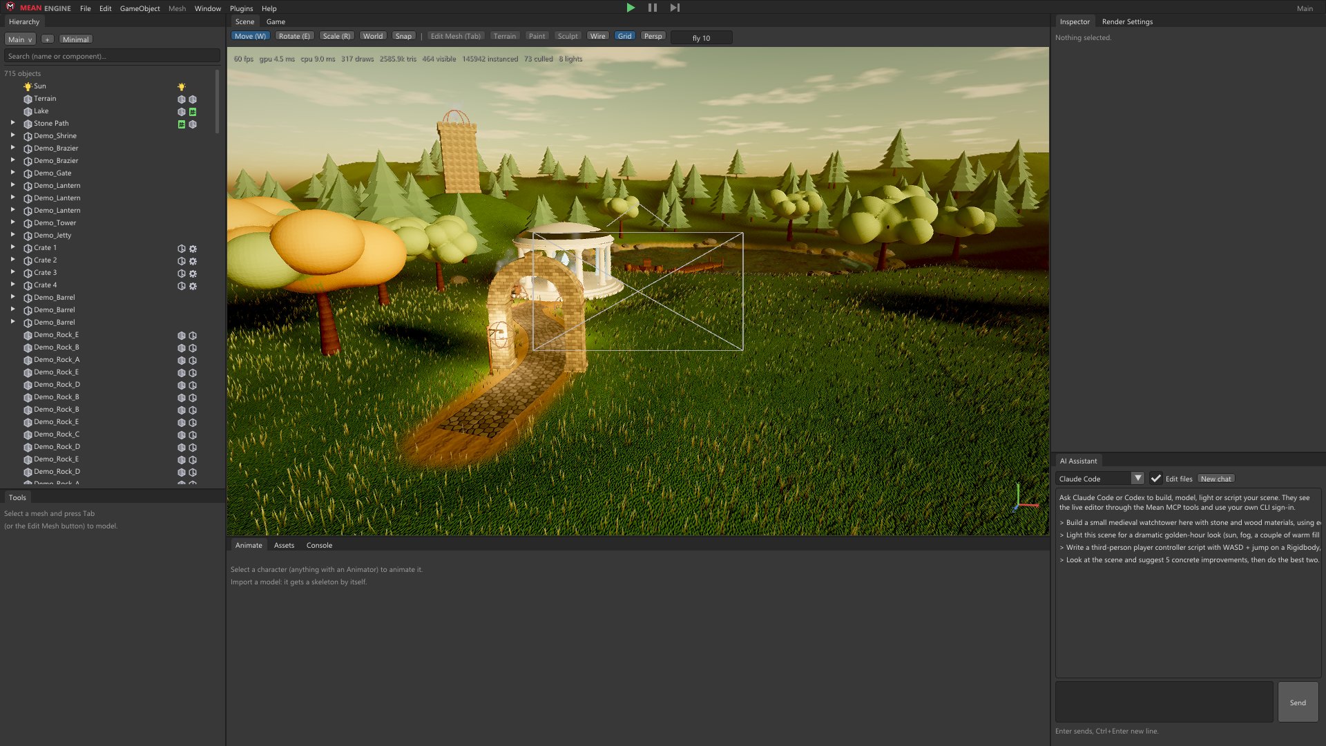The Mean Engine editor showing the 3D Demo valley: a gateway, a shrine, a lake and a watchtower, with the hierarchy and AI assistant